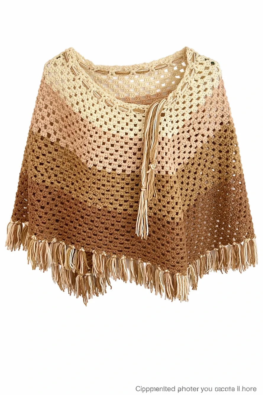 Vintage Handmade Crochet Poncho Shawl Fringe Boho Coastal Festival Layer OS